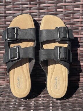 Clarks Black Sandal Adjustable Buckle Platform Wedge Shoes Women's 7M Comfort